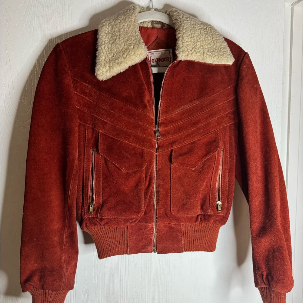 Vintage Foxmoor Red Suede Bomber Jacket Shearling Collar 70s